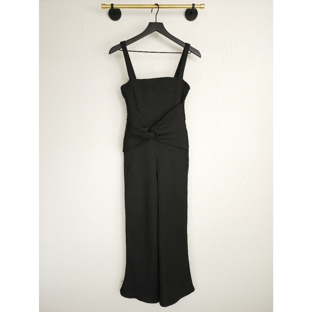 Lovers + Friends S Black Sophie Stretch Rib Knit Stripe Gathered Waist Jumpsuit